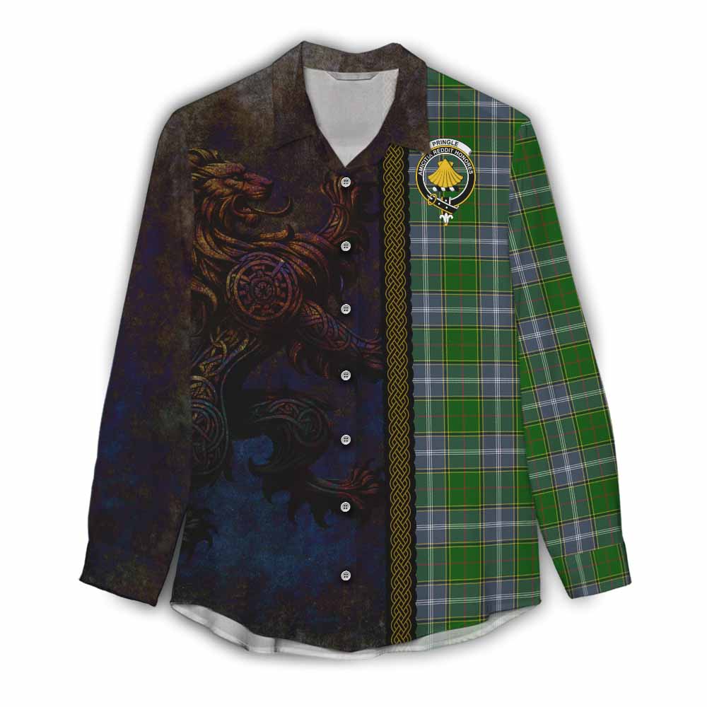 Tartan Vibes Clothing Pringle Tartan Family Crest Women's Casual Shirt Alba Gu Brath Be Brave Lion Ancient Style
