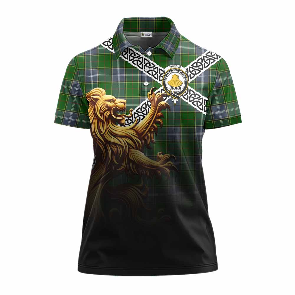Tartan Vibes Clothing Pringle Crest Tartan Women's Polo Shirt with Golden Lion Emblem Celtic Style
