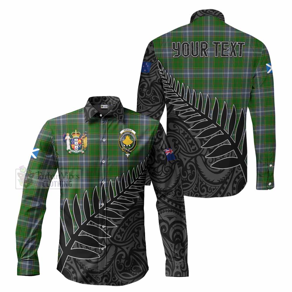 Tartan Vibes Clothing Pringle Crest Tartan Long Sleeve Button Shirt with New Zealand Silver Fern Half Style