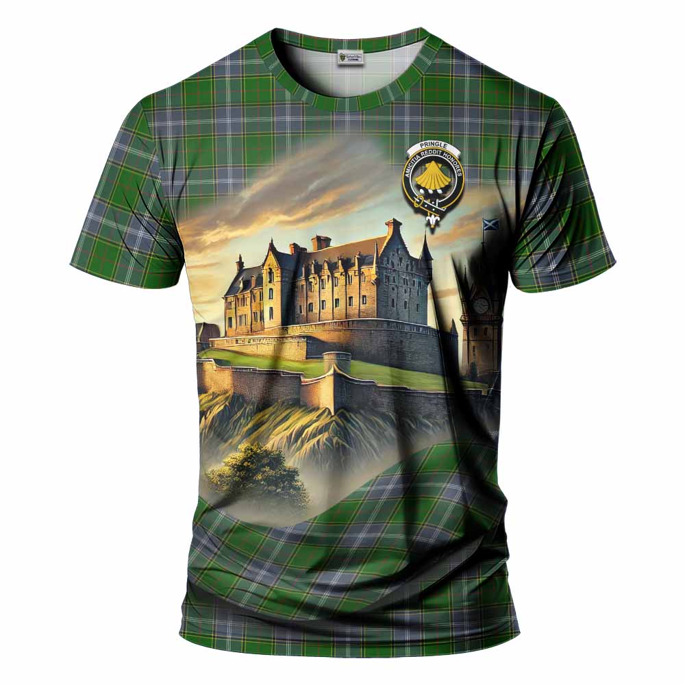 Tartan Vibes Clothing Pringle Tartan Family Crest T-Shirt with Scottish Ancient Castle Stype