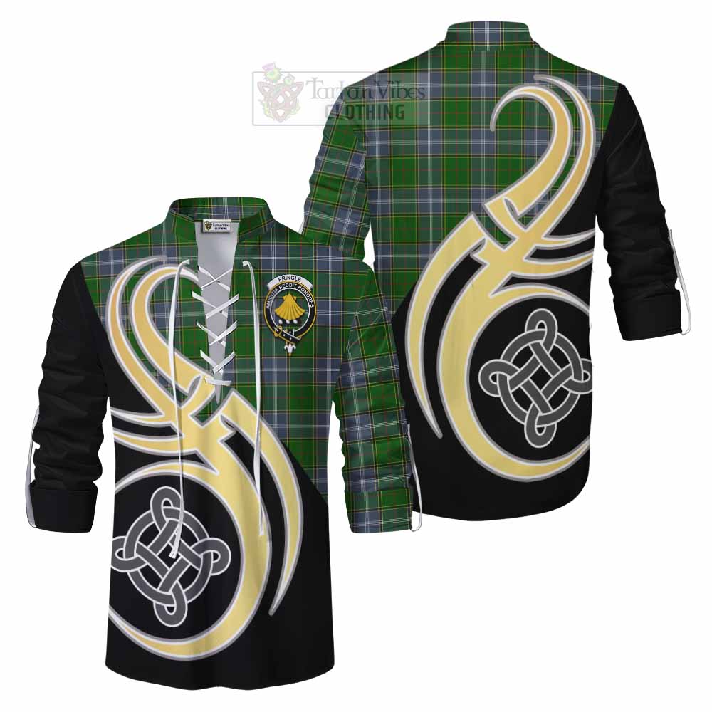Tartan Vibes Clothing Pringle Tartan Ghillie Kilt Shirt with Family Crest and Celtic Symbol Style