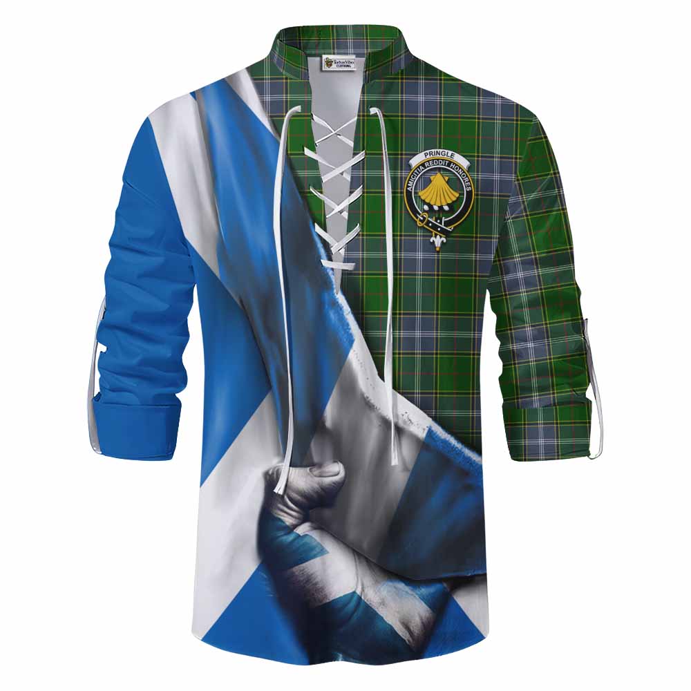 Tartan Vibes Clothing Pringle Tartan Ghillie Kilt Shirt with Family Crest Scotland Patriotic Style