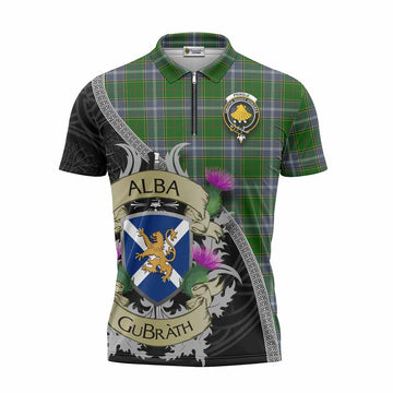 Pringle Tartan Family Crest Zipper Polo Shirt Lion Rampant Royal Thistle Shield Celtic Inspired