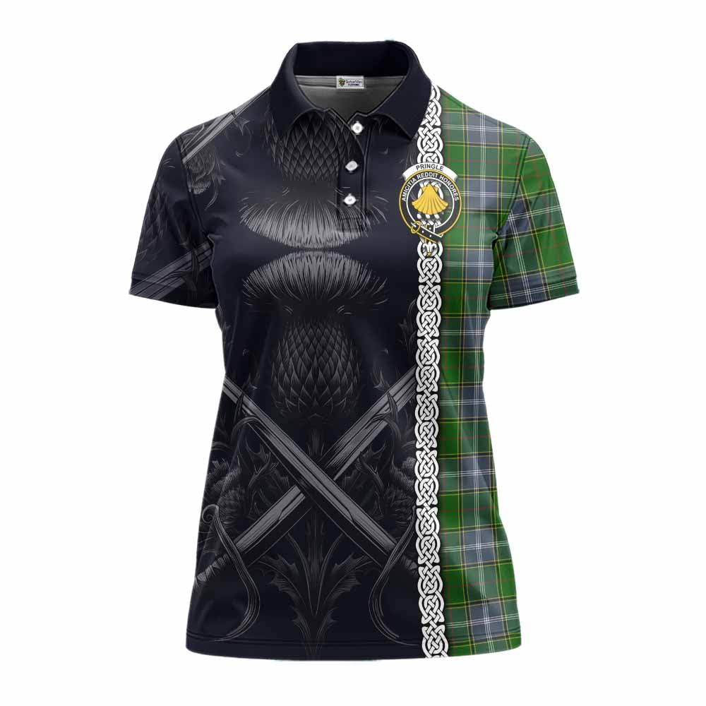 Tartan Vibes Clothing Pringle Tartan Women's Polo Shirt with Family Crest Cross Sword Thistle Celtic Vibes