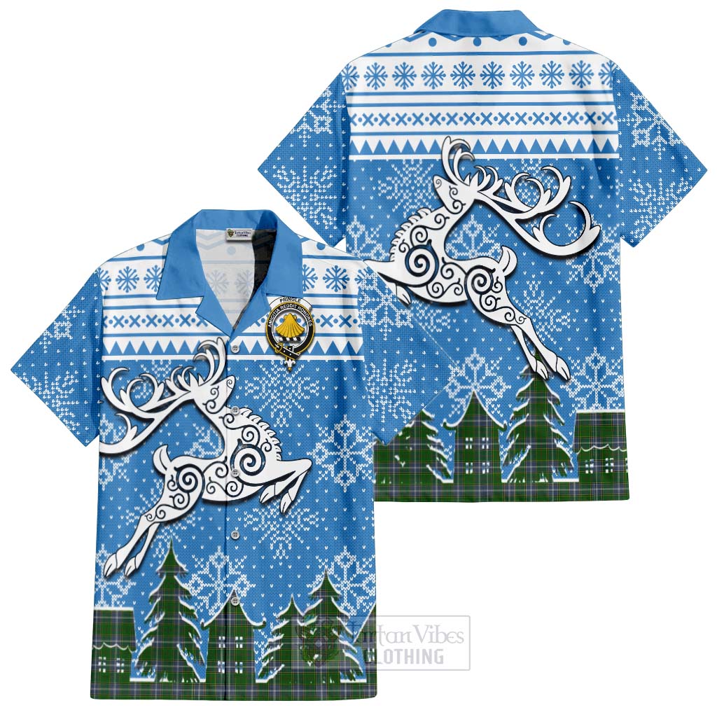 Tartan Vibes Clothing Pringle Clan Christmas Short Sleeve Button Shirt Celtic Reindeer Style