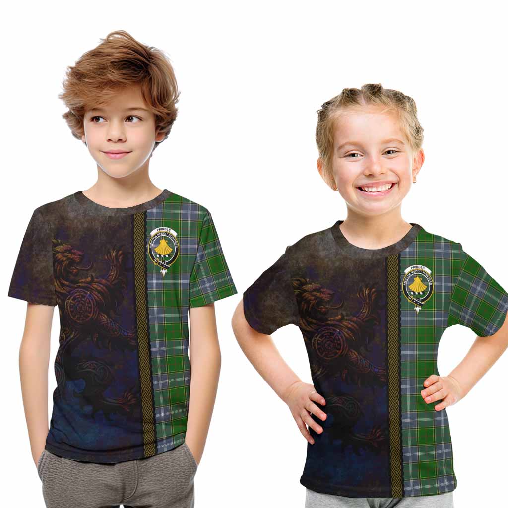 Tartan Vibes Clothing Pringle Tartan Family Crest Kid T-Shirt Alba Gu Brath Be Brave Lion Ancient Style