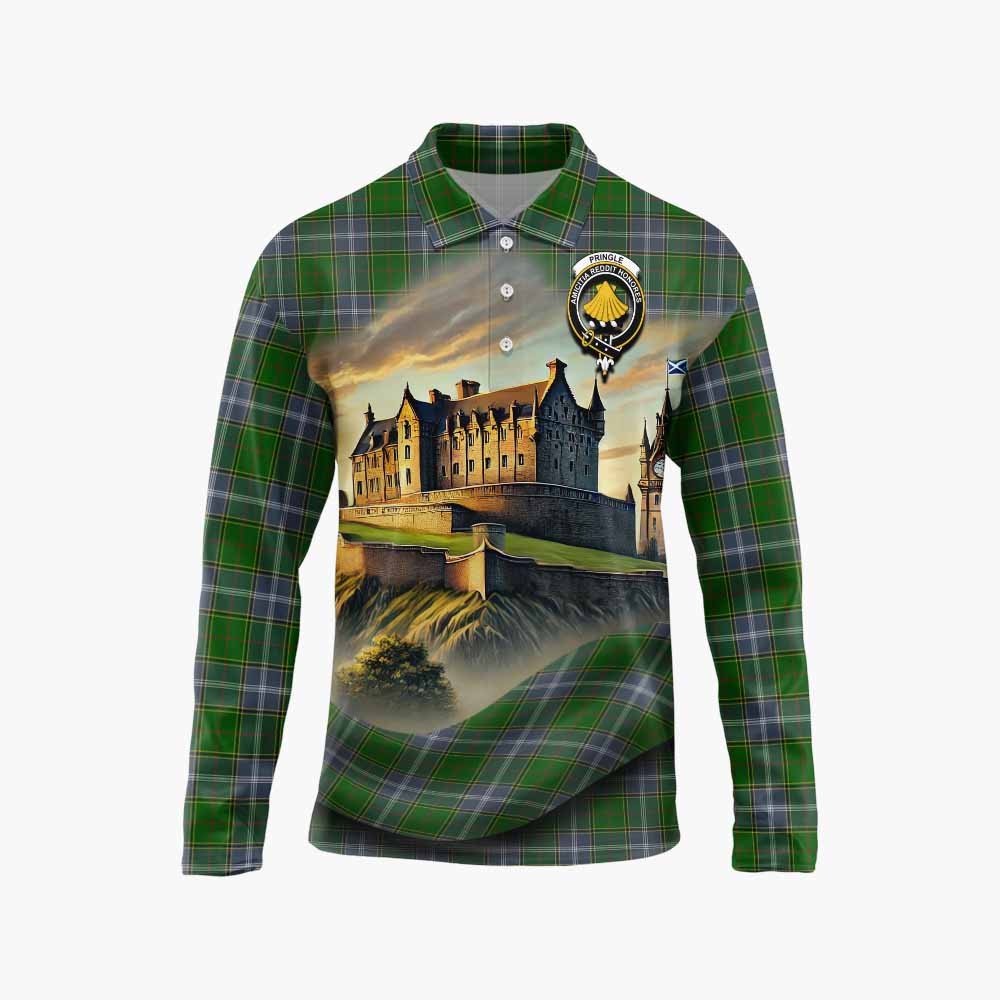 Tartan Vibes Clothing Pringle Tartan Family Crest Long Sleeve Polo Shirt with Scottish Ancient Castle Style