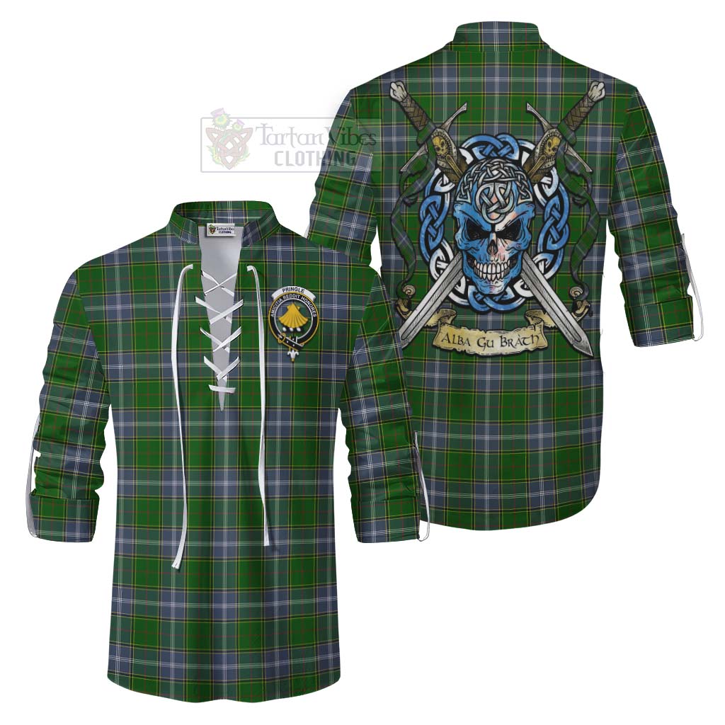 Tartan Vibes Clothing Pringle Tartan Ghillie Kilt Shirt with Family Crest Celtic Skull Style