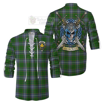 Tartan Vibes Clothing Pringle Tartan Ghillie Kilt Shirt with Family Crest Celtic Skull Style