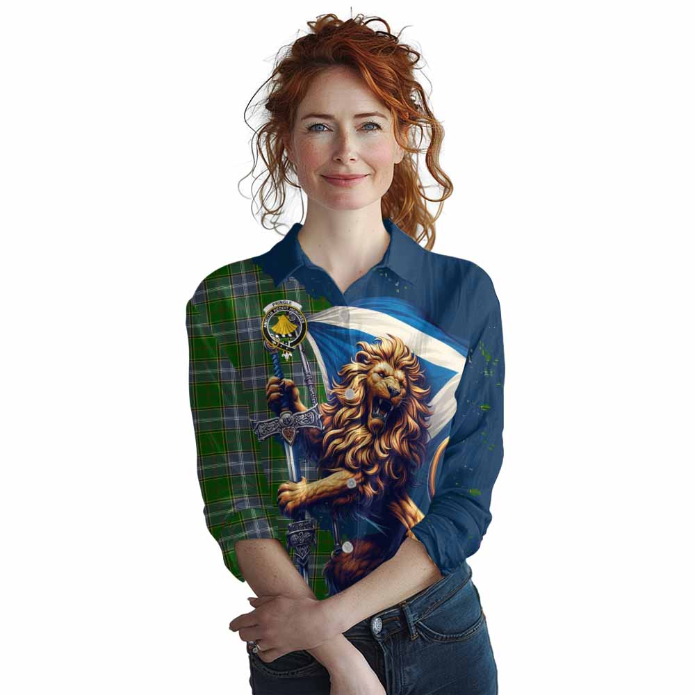 Tartan Vibes Clothing Pringle Tartan Family Crest Women's Casual Shirt with Scottish Majestic Lion