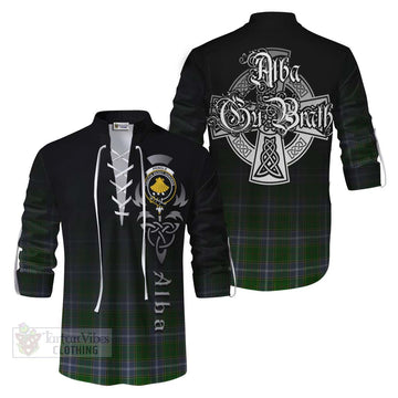 Tartan Vibes Clothing Pringle Tartan Ghillie Kilt Shirt Featuring Alba Gu Brath Family Crest Celtic Inspired