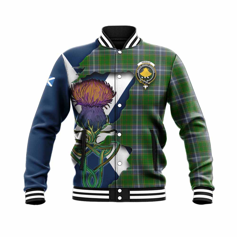 Tartan Vibes Clothing Pringle Tartan Family Crest Baseball Jacket Scottish Thistle Celtic Inspired