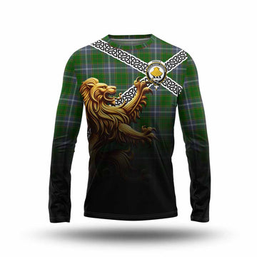 Tartan Vibes Clothing Pringle Crest Tartan Long Sleeve T-Shirt with Golden Lion Emblem Celtic Style