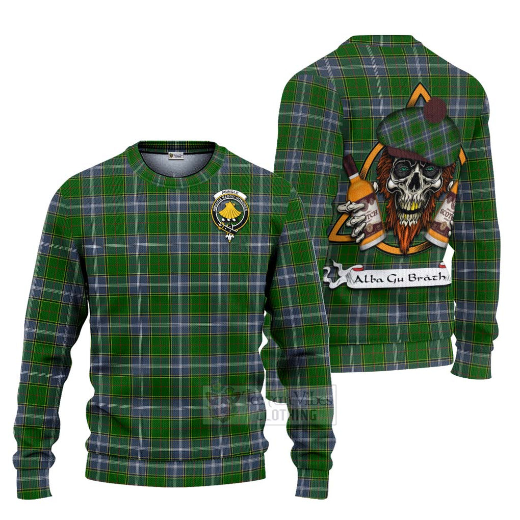 Tartan Vibes Clothing Pringle Tartan Knitted Sweater with Family Crest and Bearded Skull Holding Bottles of Whiskey