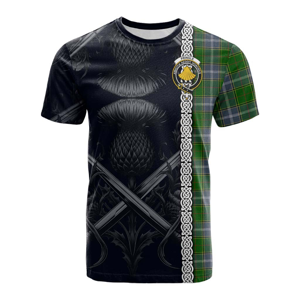 Tartan Vibes Clothing Pringle Tartan Cotton T-shirt with Family Crest Cross Sword Thistle Celtic Vibes