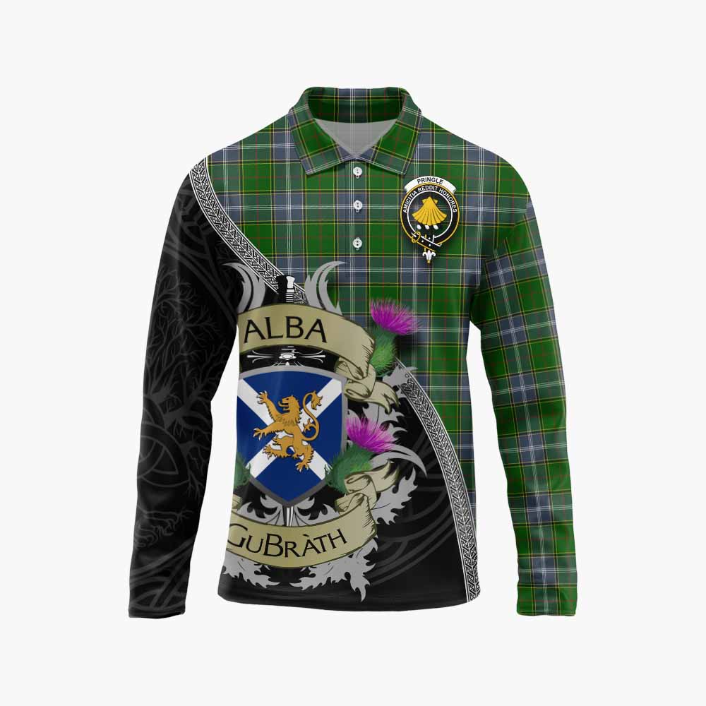 Tartan Vibes Clothing Pringle Tartan Family Crest Long Sleeve Polo Shirt Lion Rampant Royal Thistle Shield Celtic Inspired