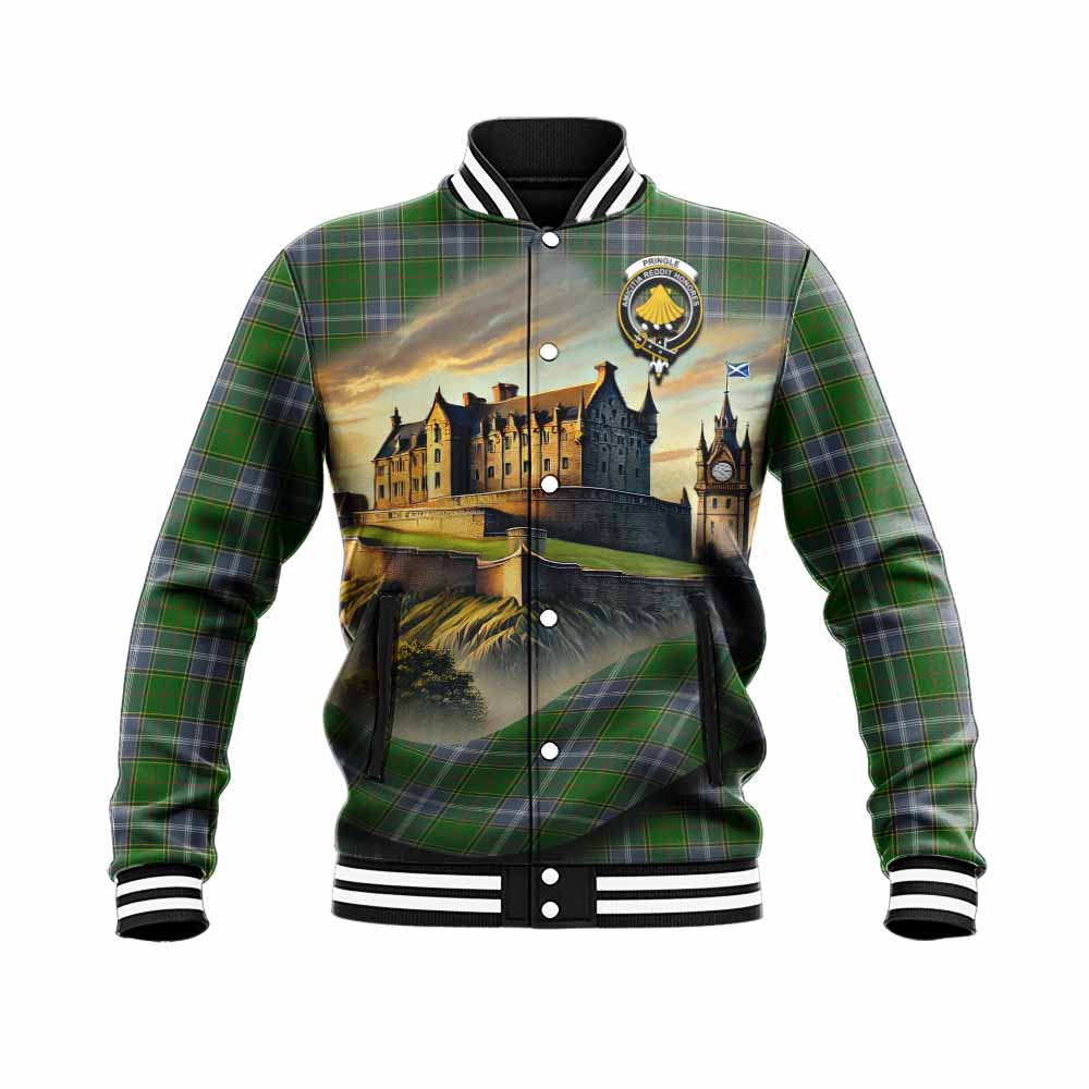 Tartan Vibes Clothing Pringle Tartan Family Crest Baseball Jacket with Scottish Ancient Castle Style