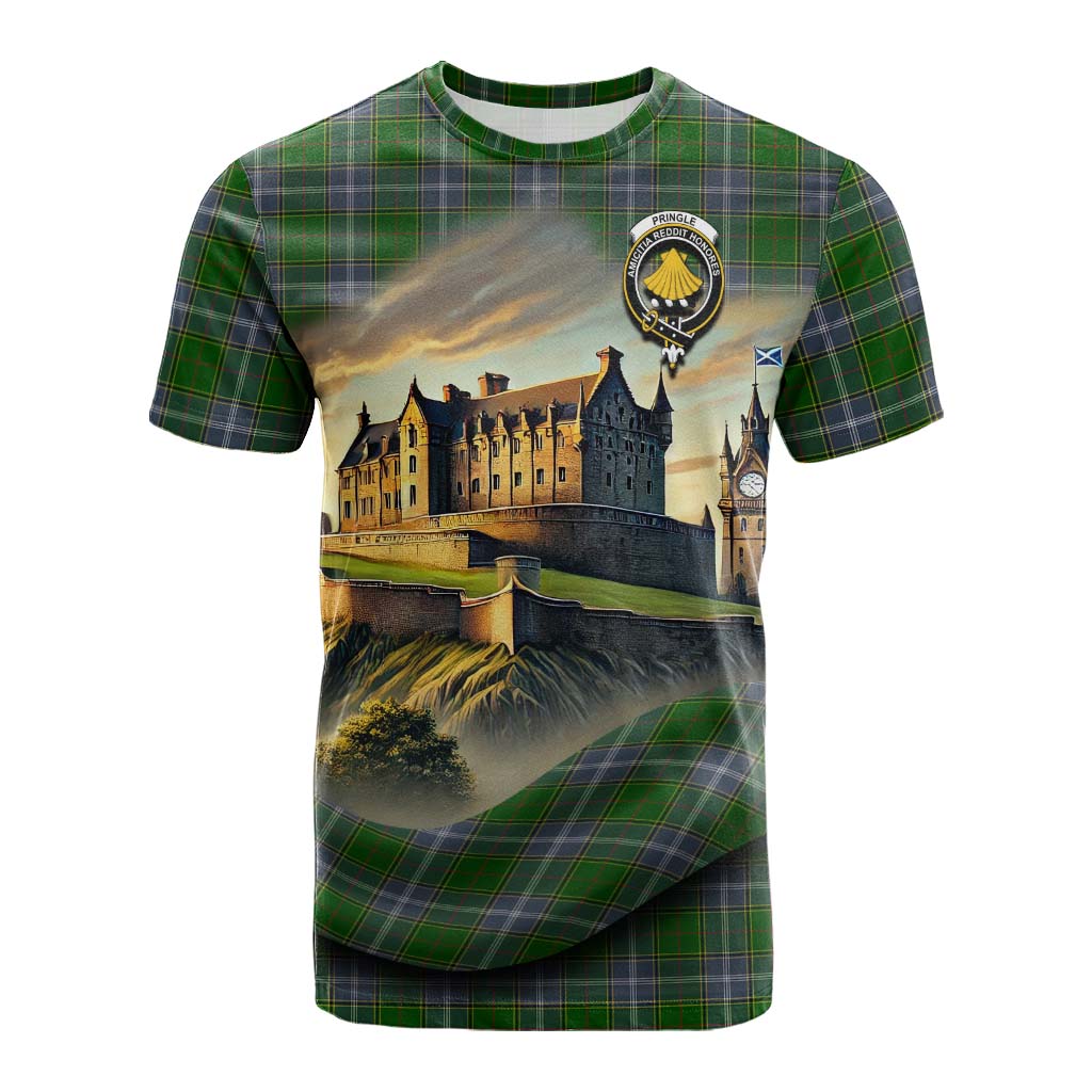 Tartan Vibes Clothing Pringle Tartan Family Crest Cotton T-shirt with Scottish Ancient Castle Style