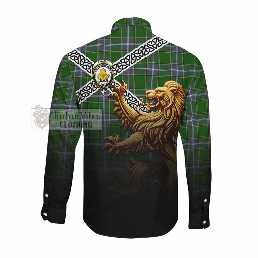 Tartan Vibes Clothing Pringle Crest Tartan Long Sleeve Button Shirt with Golden Lion Emblem Celtic Style