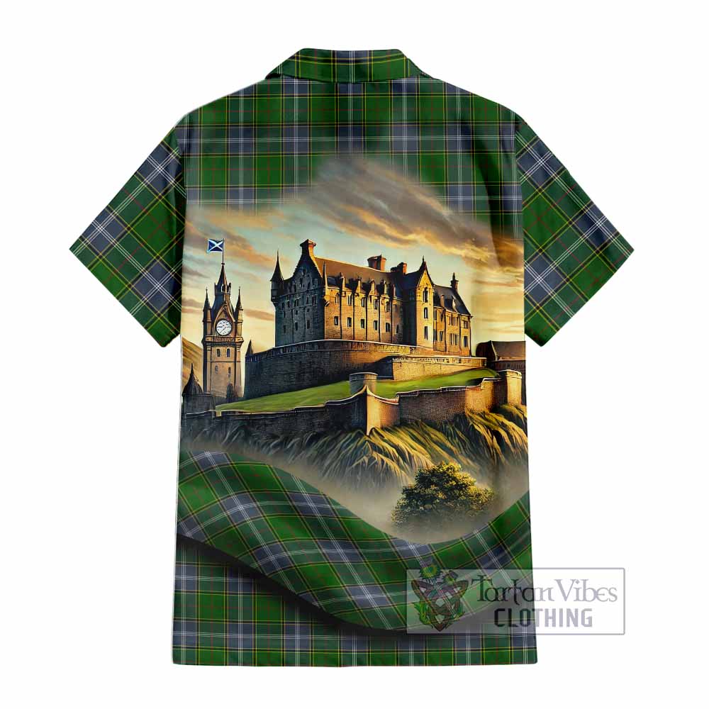 Tartan Vibes Clothing Pringle Tartan Family Crest Short Sleeve Button Shirt with Scottish Ancient Castle Style