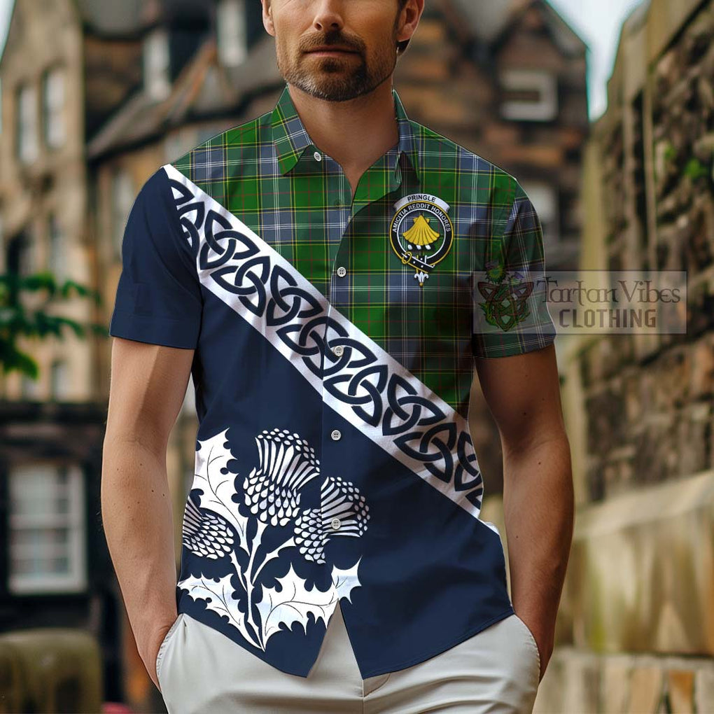 Tartan Vibes Clothing Pringle Tartan Short Sleeve Button Shirt Featuring Thistle and Scotland Map