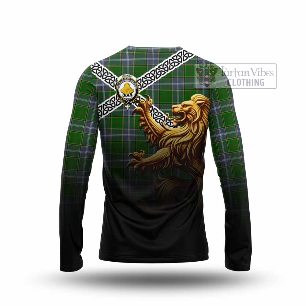 Tartan Vibes Clothing Pringle Crest Tartan Long Sleeve T-Shirt with Golden Lion Emblem Celtic Style
