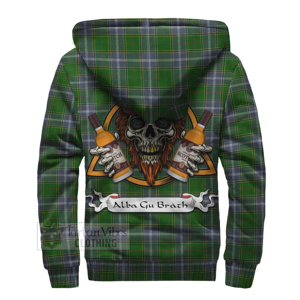 Tartan Vibes Clothing Pringle Tartan Sherpa Hoodie with Family Crest and Bearded Skull Holding Bottles of Whiskey