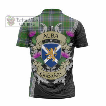 Pringle Tartan Family Crest Zipper Polo Shirt Lion Rampant Royal Thistle Shield Celtic Inspired