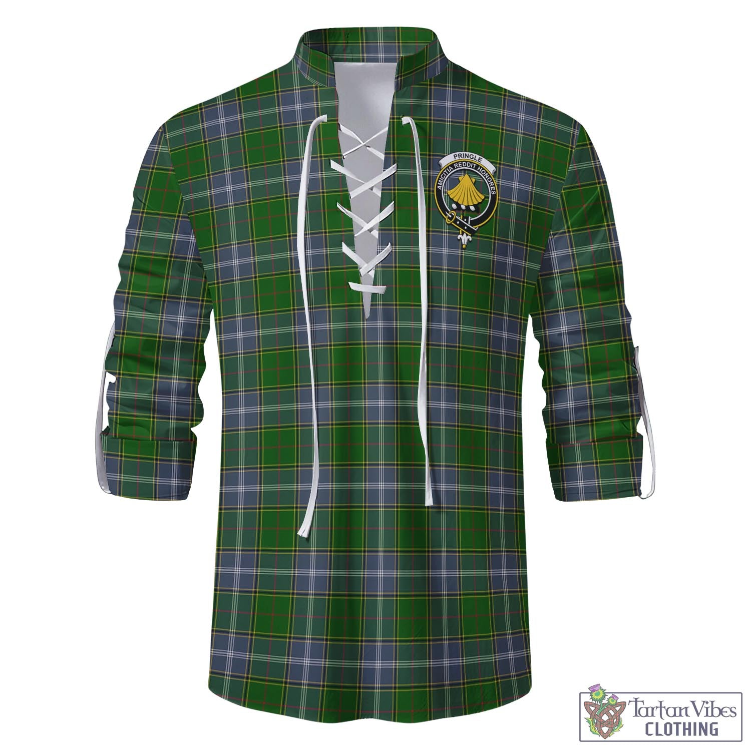 Tartan Vibes Clothing Pringle Tartan Men's Scottish Traditional Jacobite Ghillie Kilt Shirt with Family Crest