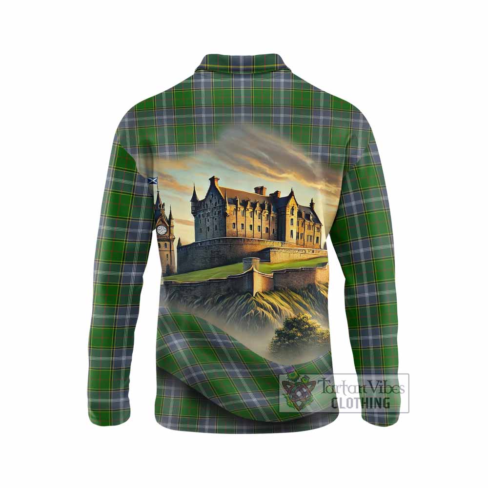 Tartan Vibes Clothing Pringle Tartan Family Crest Long Sleeve Polo Shirt with Scottish Ancient Castle Style