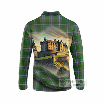 Tartan Vibes Clothing Pringle Tartan Family Crest Long Sleeve Polo Shirt with Scottish Ancient Castle Style
