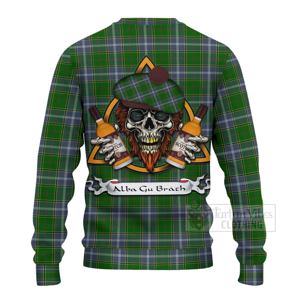 Tartan Vibes Clothing Pringle Tartan Knitted Sweater with Family Crest and Bearded Skull Holding Bottles of Whiskey