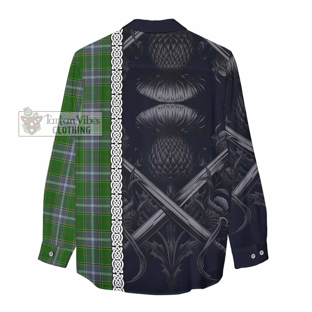 Tartan Vibes Clothing Pringle Tartan Women's Casual Shirt with Family Crest Cross Sword Thistle Celtic Vibes