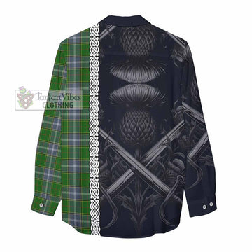 Tartan Vibes Clothing Pringle Tartan Women's Casual Shirt with Family Crest Cross Sword Thistle Celtic Vibes