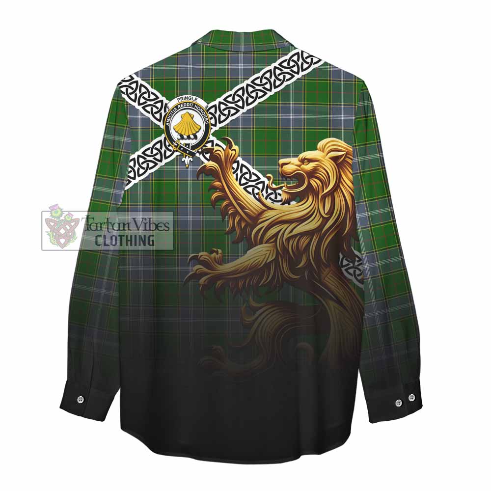 Tartan Vibes Clothing Pringle Crest Tartan Women's Casual Shirt with Golden Lion Emblem Celtic Style