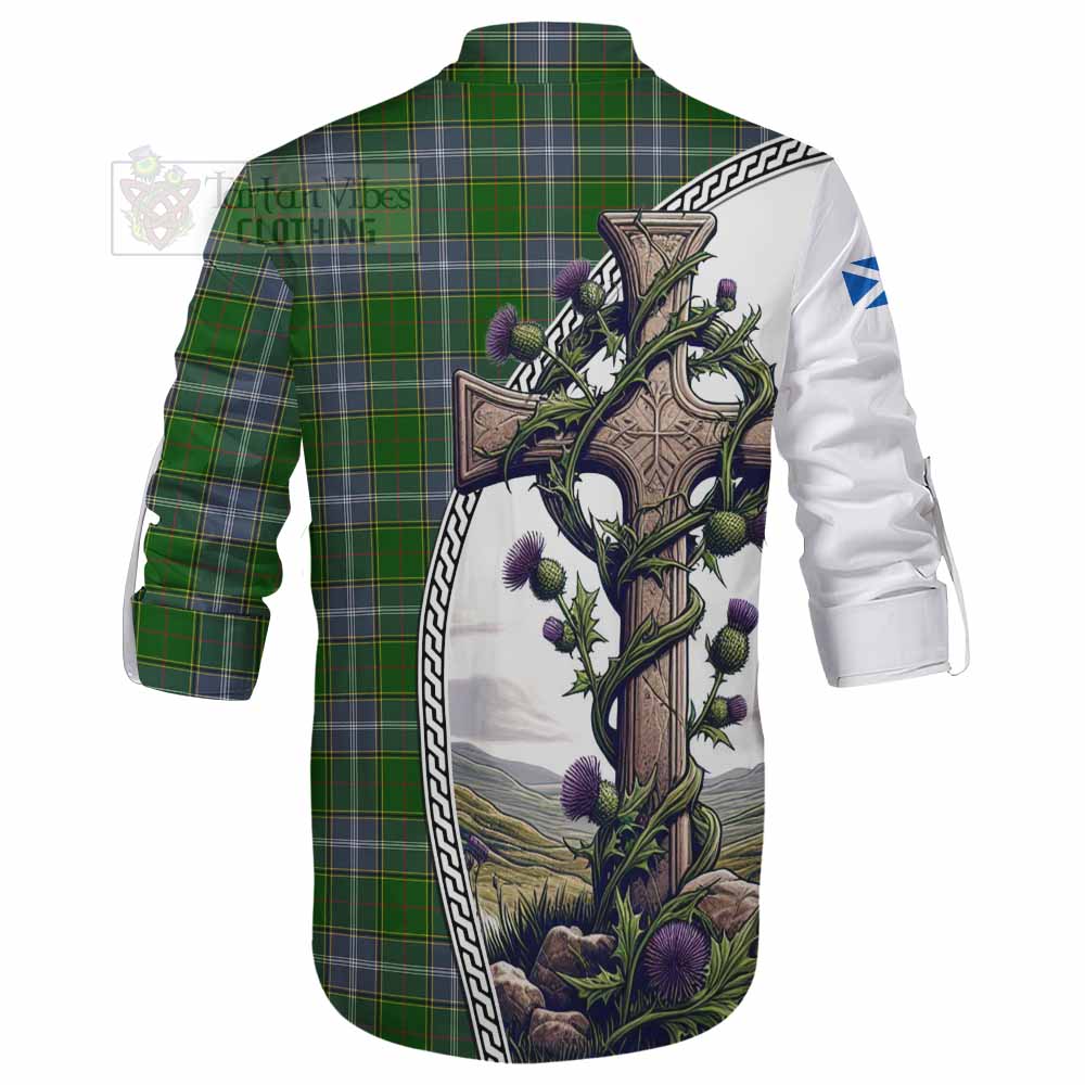 Tartan Vibes Clothing Pringle Tartan Ghillie Kilt Shirt with Family Crest and St. Andrew's Cross Accented by Thistle Vines
