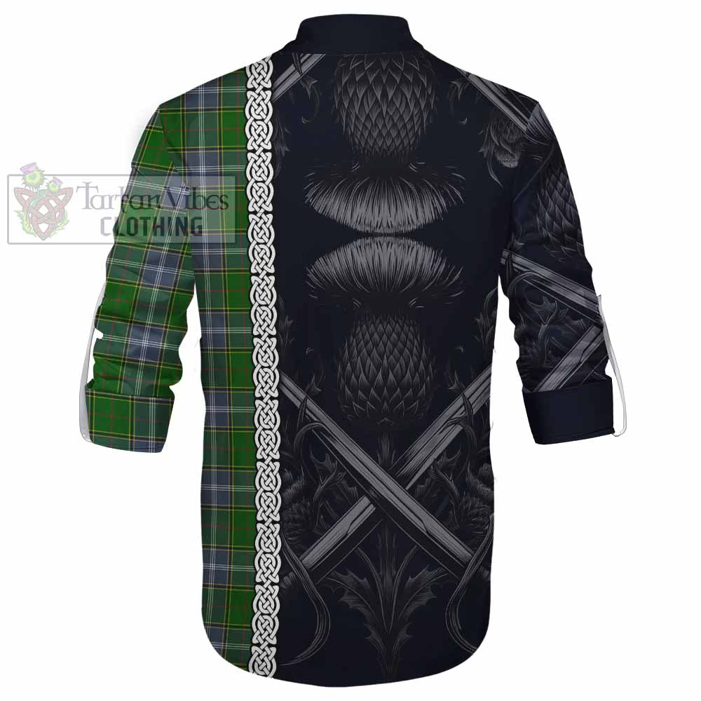 Tartan Vibes Clothing Pringle Tartan Ghillie Kilt Shirt with Family Crest Cross Sword Thistle Celtic Vibes
