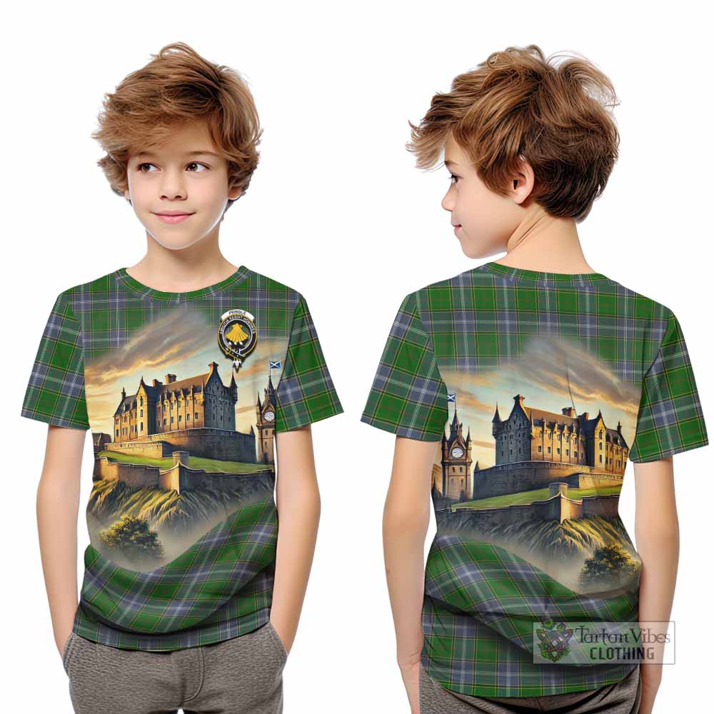 Tartan Vibes Clothing Pringle Tartan Family Crest Kid T-Shirt with Scottish Ancient Castle Style