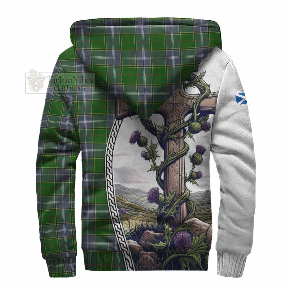 Tartan Vibes Clothing Pringle Tartan Sherpa Hoodie with Family Crest and St. Andrew's Cross Accented by Thistle Vines