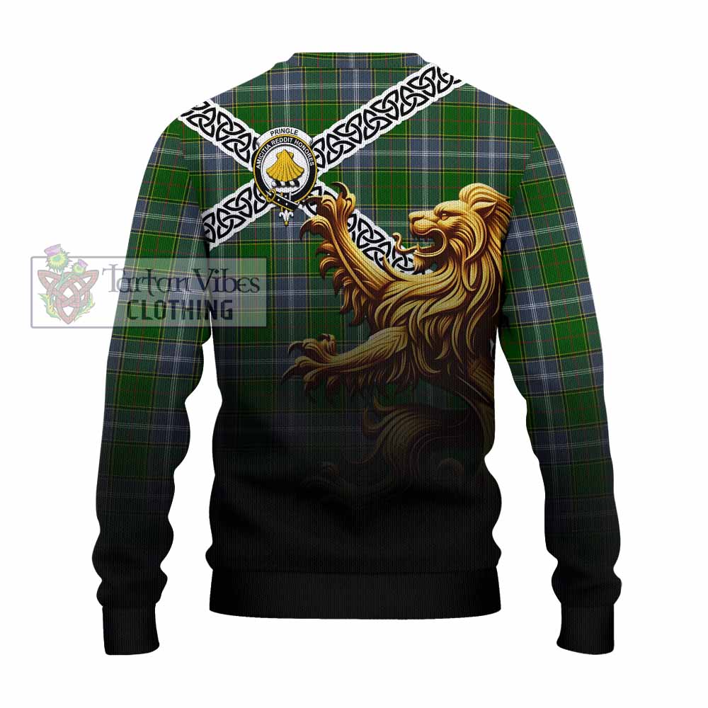 Tartan Vibes Clothing Pringle Crest Tartan Knitted Sweater with Golden Lion Emblem Celtic Style