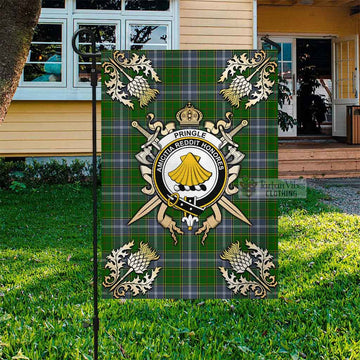 Tartan Vibes Clothing Pringle Tartan Flag with Family Crest and Golden Thistle Crossed Sword Design