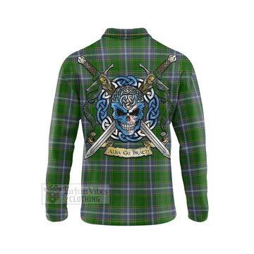 Tartan Vibes Clothing Pringle Tartan Long Sleeve Polo Shirt with Family Crest Celtic Skull Style