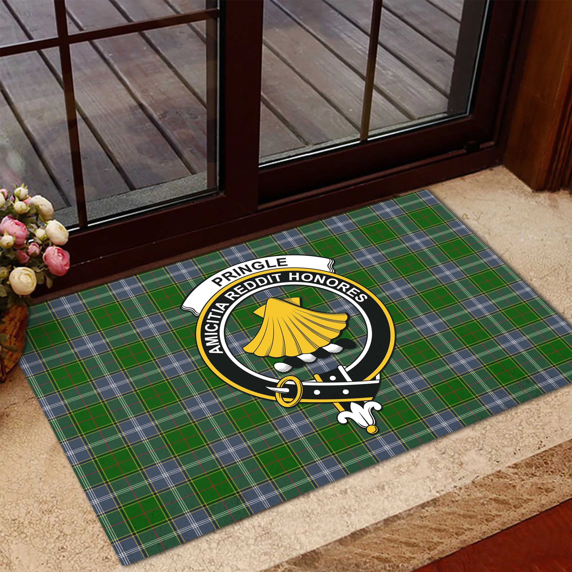 Pringle Tartan Door Mat with Family Crest - Tartanvibesclothing