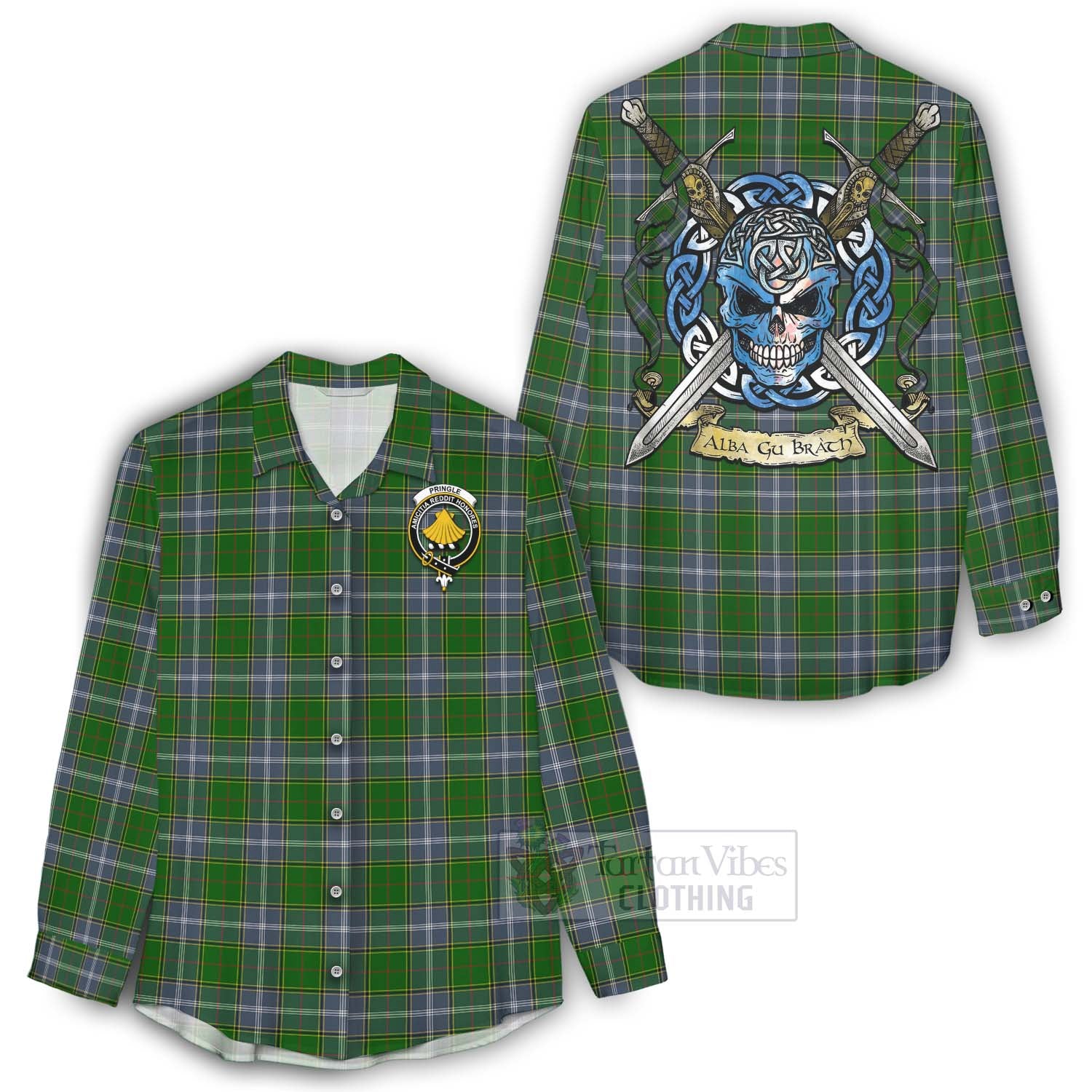 Tartan Vibes Clothing Pringle Tartan Women's Casual Shirt with Family Crest Celtic Skull Style