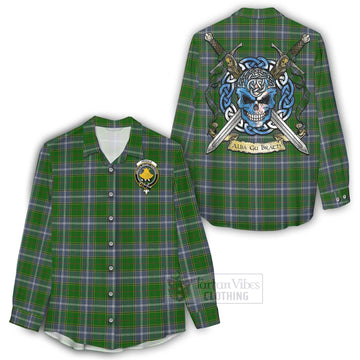 Tartan Vibes Clothing Pringle Tartan Women's Casual Shirt with Family Crest Celtic Skull Style