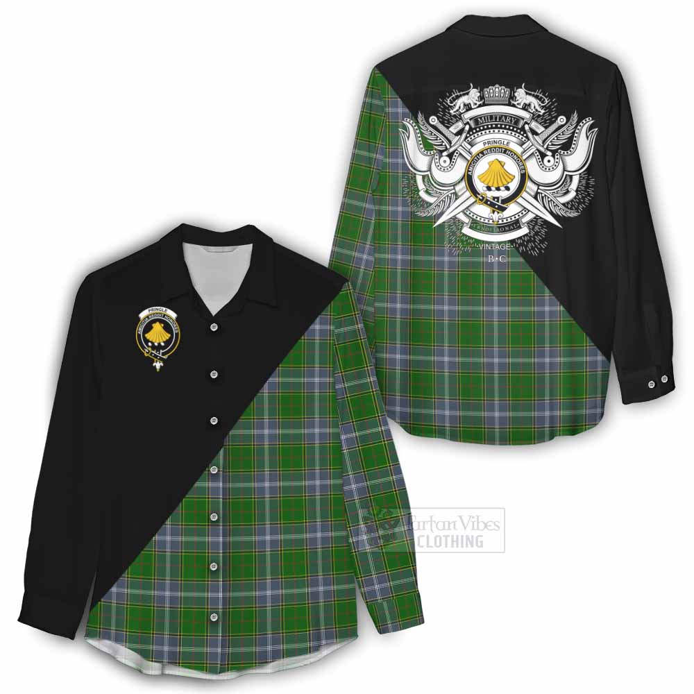 Tartan Vibes Clothing Pringle Tartan Women's Casual Shirt with Family Crest and Military Logo Style