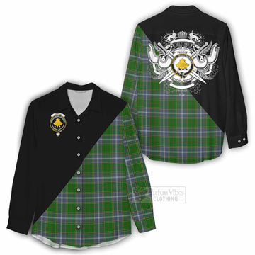 Tartan Vibes Clothing Pringle Tartan Women's Casual Shirt with Family Crest and Military Logo Style