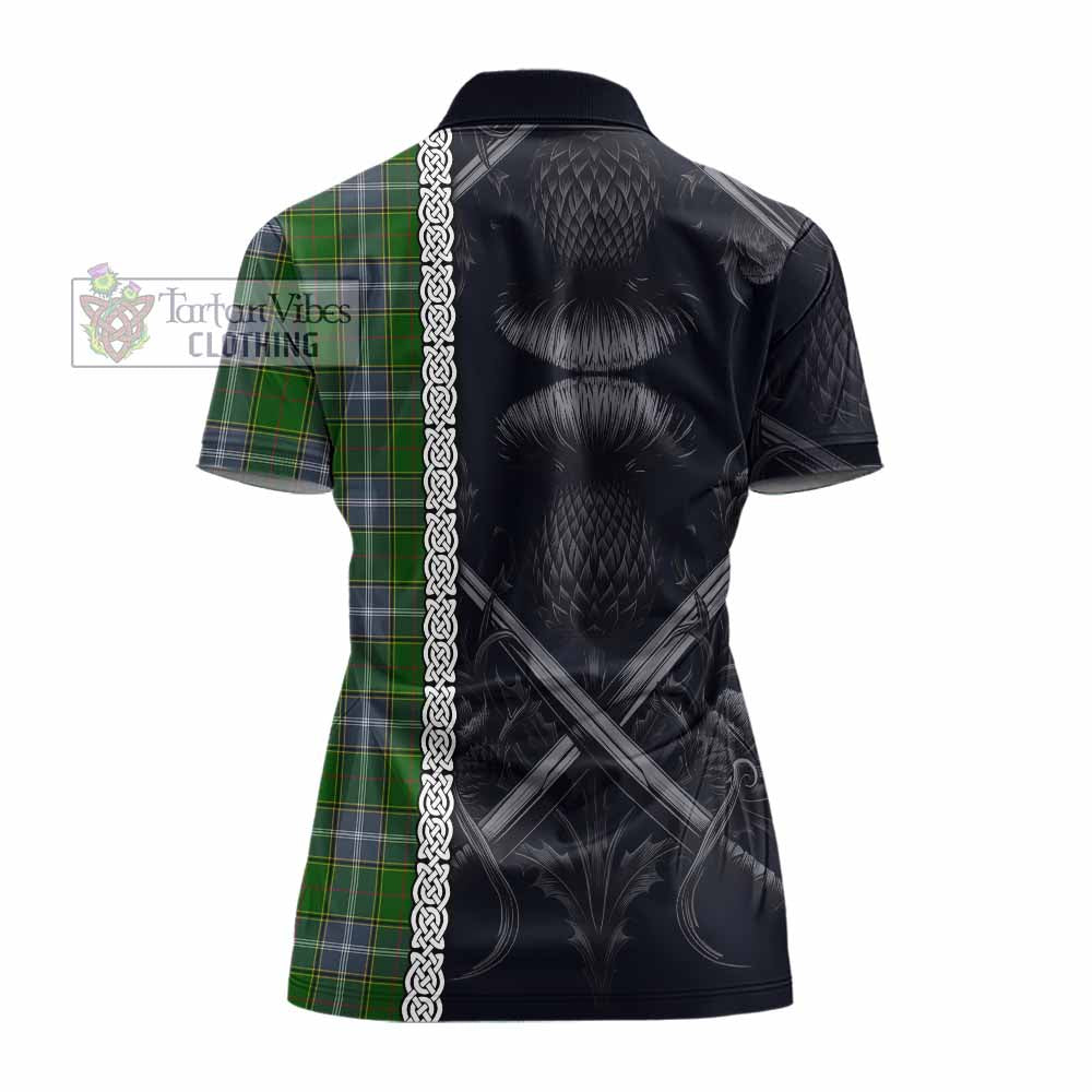 Tartan Vibes Clothing Pringle Tartan Women's Polo Shirt with Family Crest Cross Sword Thistle Celtic Vibes