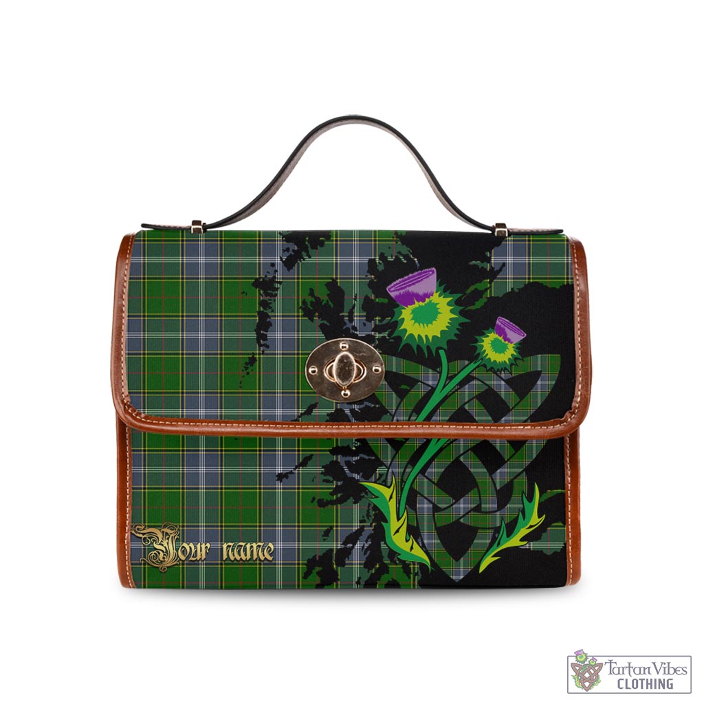 Pringle Tartan Waterproof Canvas Bag with Scotland Map and Thistle Celtic Accents Brown Leather Strap One Size 10.5*20*27cm - Tartan Vibes Clothing