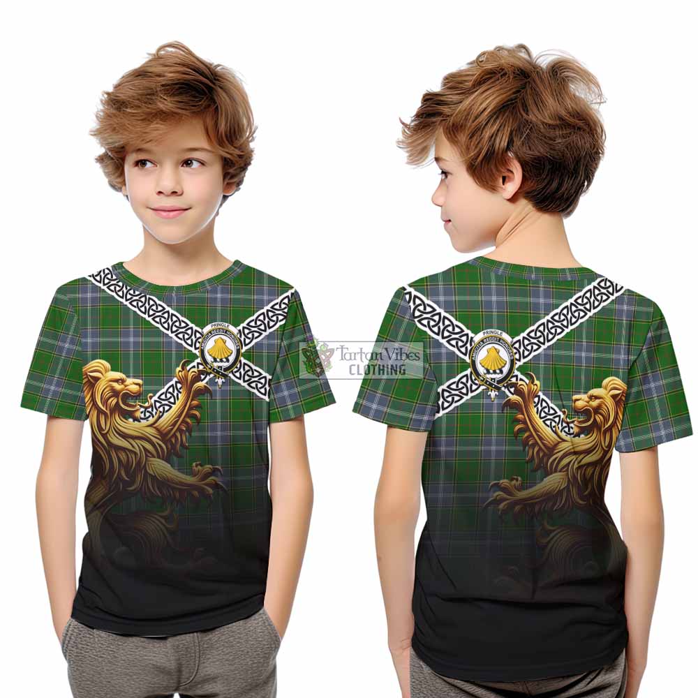 Tartan Vibes Clothing Pringle Crest Tartan Kid T-Shirt with Golden Lion Emblem Celtic Style